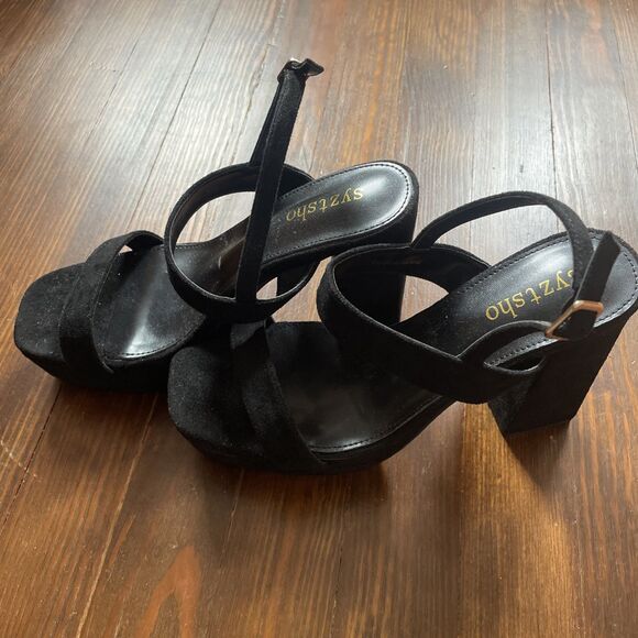 Black 5" High Block Heel 1.5"PLATFORM Open Toe Shoes WOMEN Size 9.5 - Picture 5 of 12